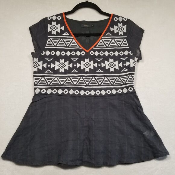 THML Tops - THML Size XS Gray Cap Sleeve Peplum Blouse Aztec Embroidered V Neck